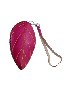 Port Chei Mic Piele Naturala Leaf Fucsia 2