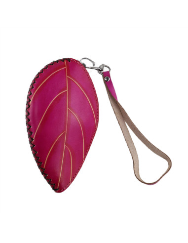 Port Chei Mic Piele Naturala Leaf Fucsia