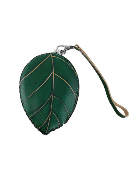 Port Chei Mic Piele Naturala Leaf verde