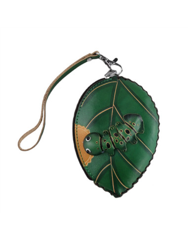 Port Chei Mic Piele Naturala Leaf verde